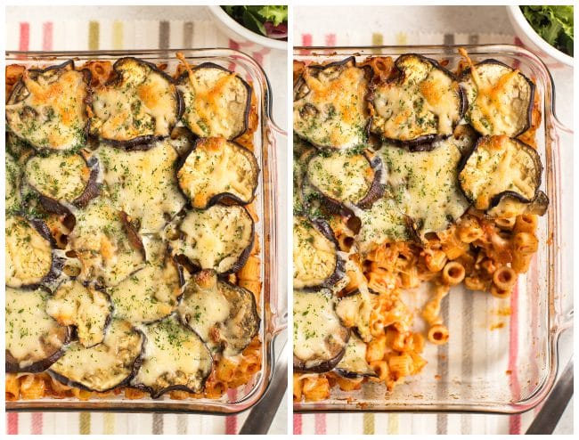 Collage showing eggplant parmesan pasta bake in a baking dish with a portion removed