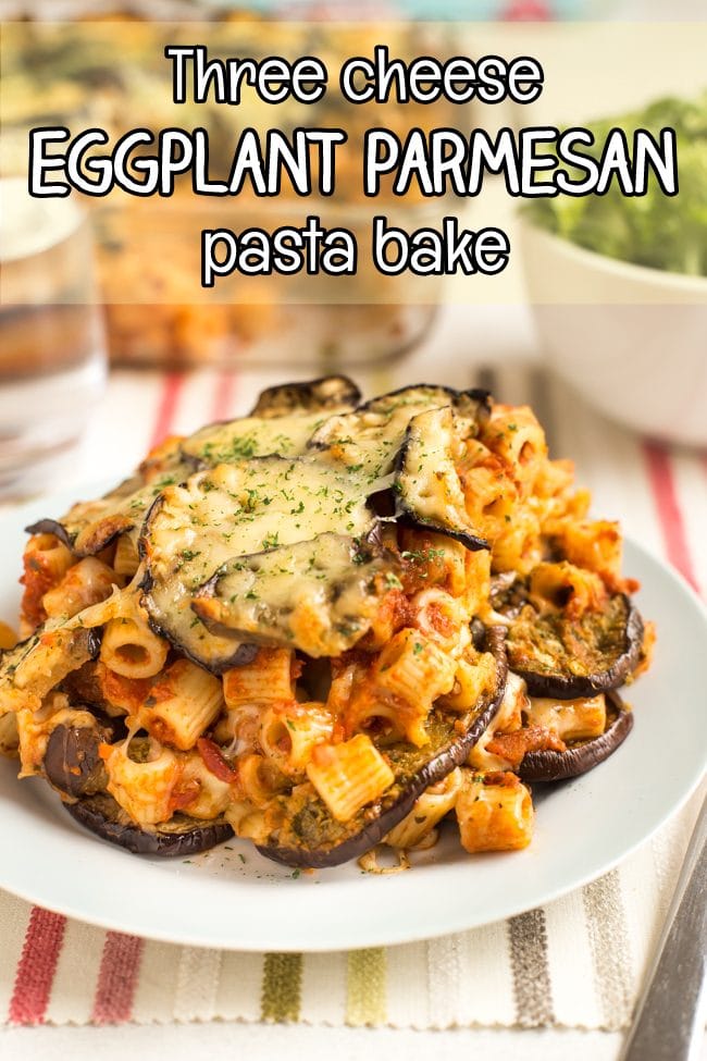 Portion of eggplant parmesan pasta bake on a plate