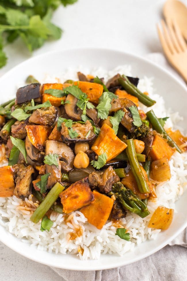 Aubergine and sweet potato Thai red curry over rice