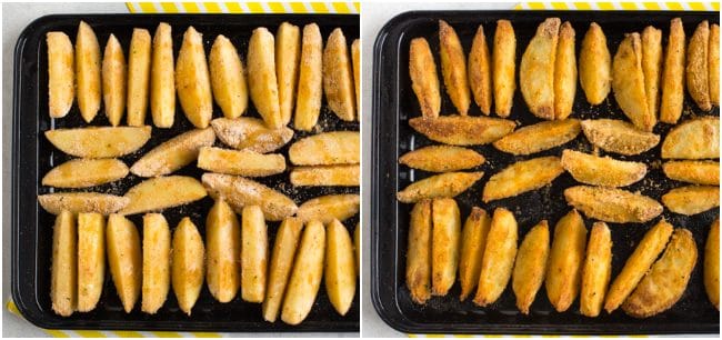 Collage showing crispy potato wedges before and after baking
