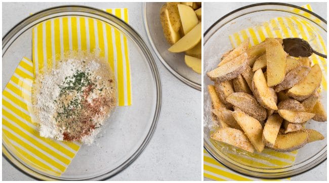 Collage showing potato wedge seasoning and wedges being mixed