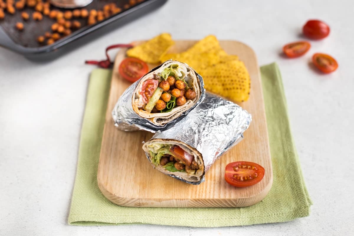 Spicy roasted chickpea wraps.