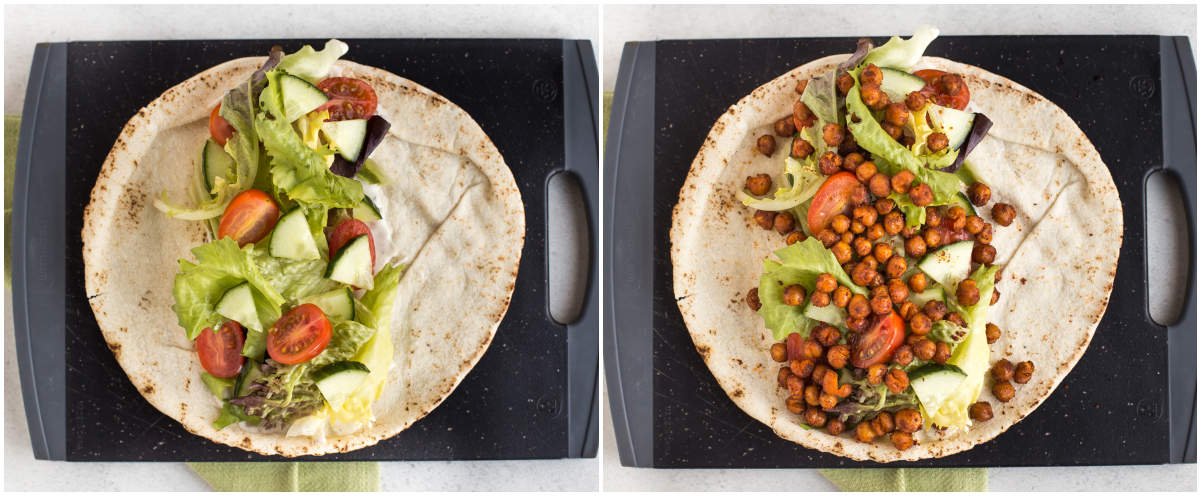Collage showing salad wraps before and after being topped with roasted chickpeas.