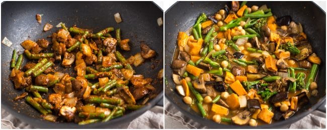 Collage showing vegetables cooking in Thai red curry sauce