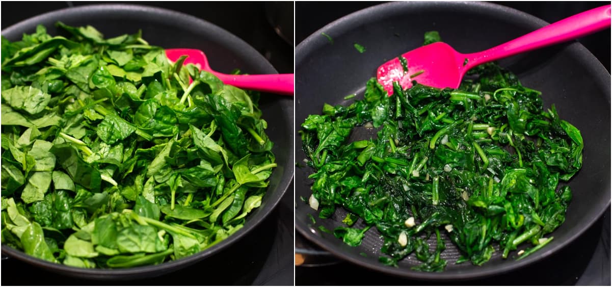 A collage showing fresh spinach before and after sautéing in a frying pan.