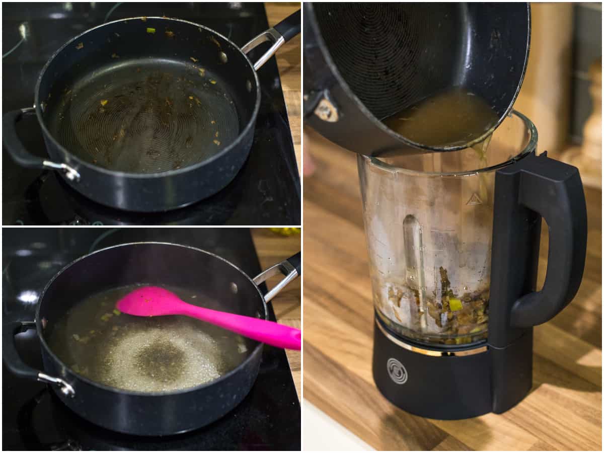Collage showing how to deglaze a pan with vegetable stock.