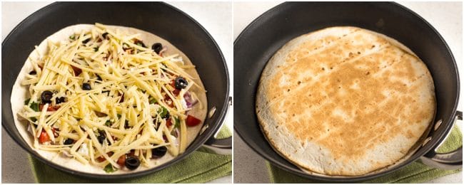 Collage showing Greek quesadilla before and after cooking