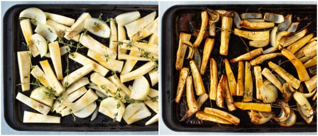 A collage showing parsnips and onions on a baking tray before and after roasting.
