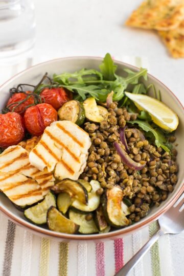 Warm Lentil and Halloumi Salad - Easy Cheesy Vegetarian