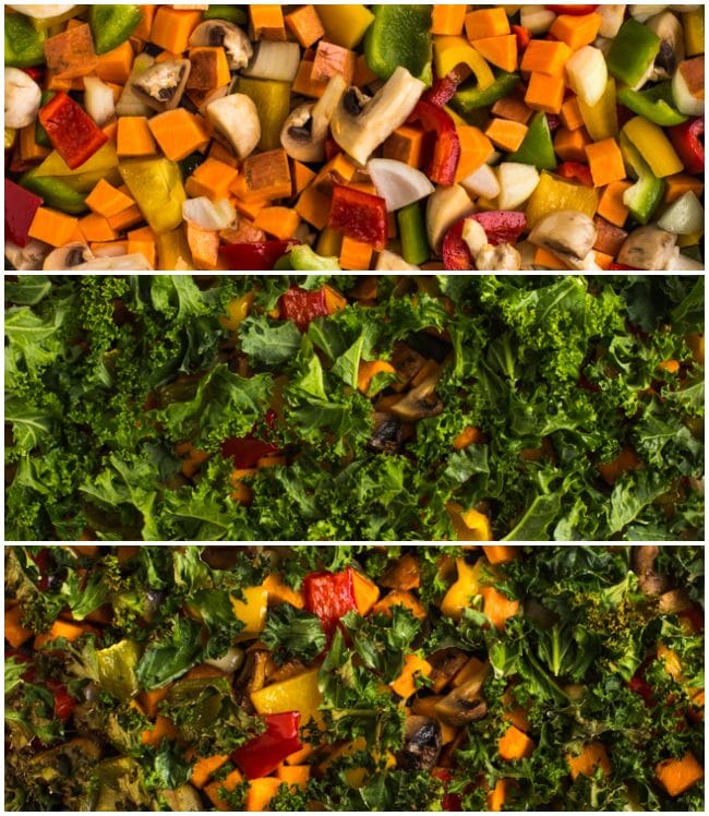 Collage showing vegetables before, during and after roasting