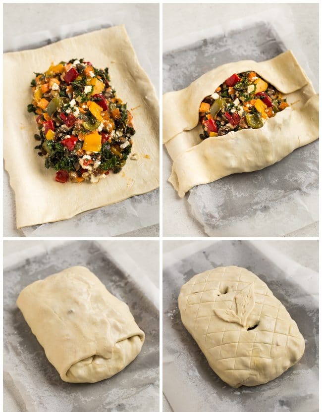 Collage showing how to wrap a vegetarian roasted veggie en croute in pastry