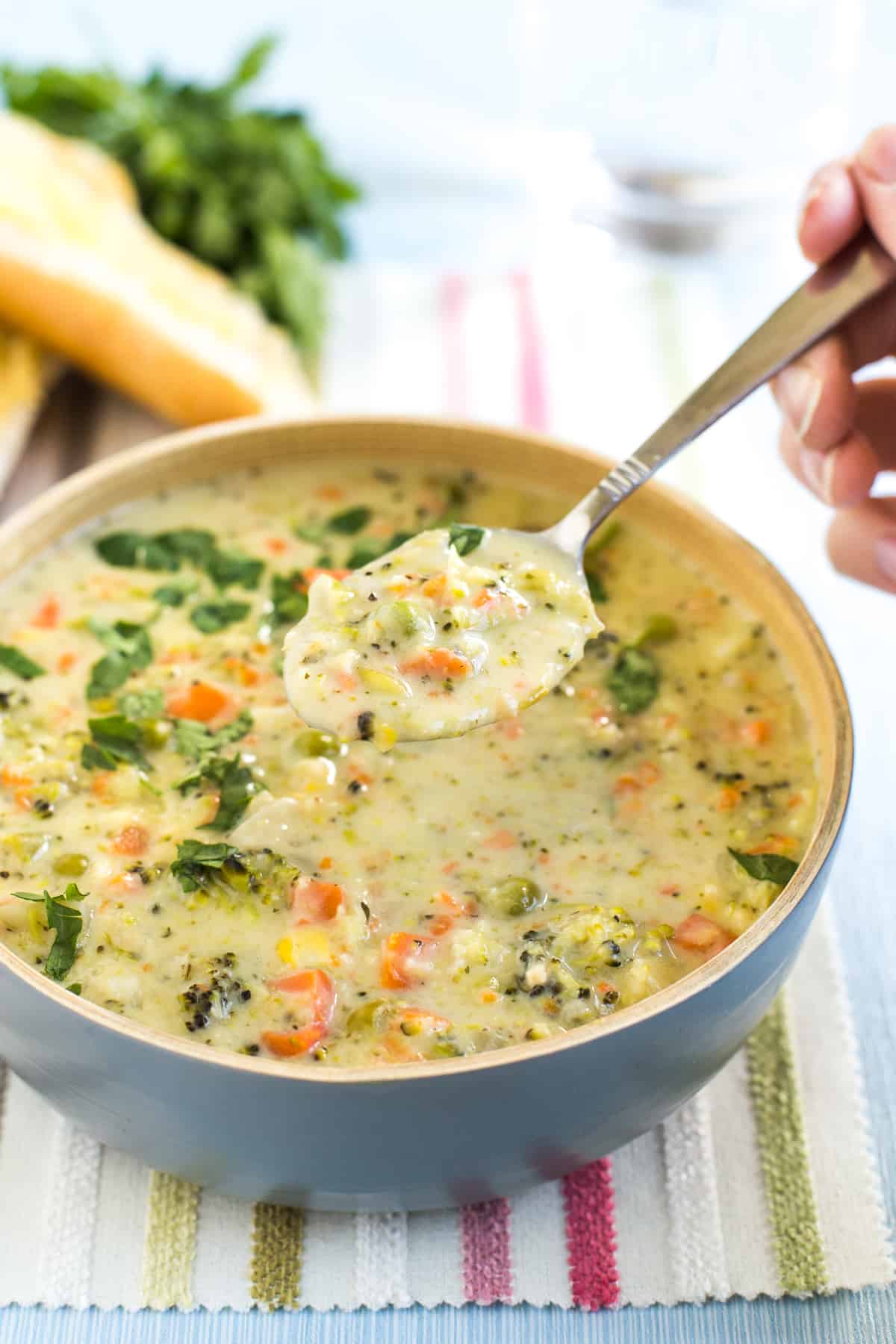 Spoonful of creamy veggie pot pie soup