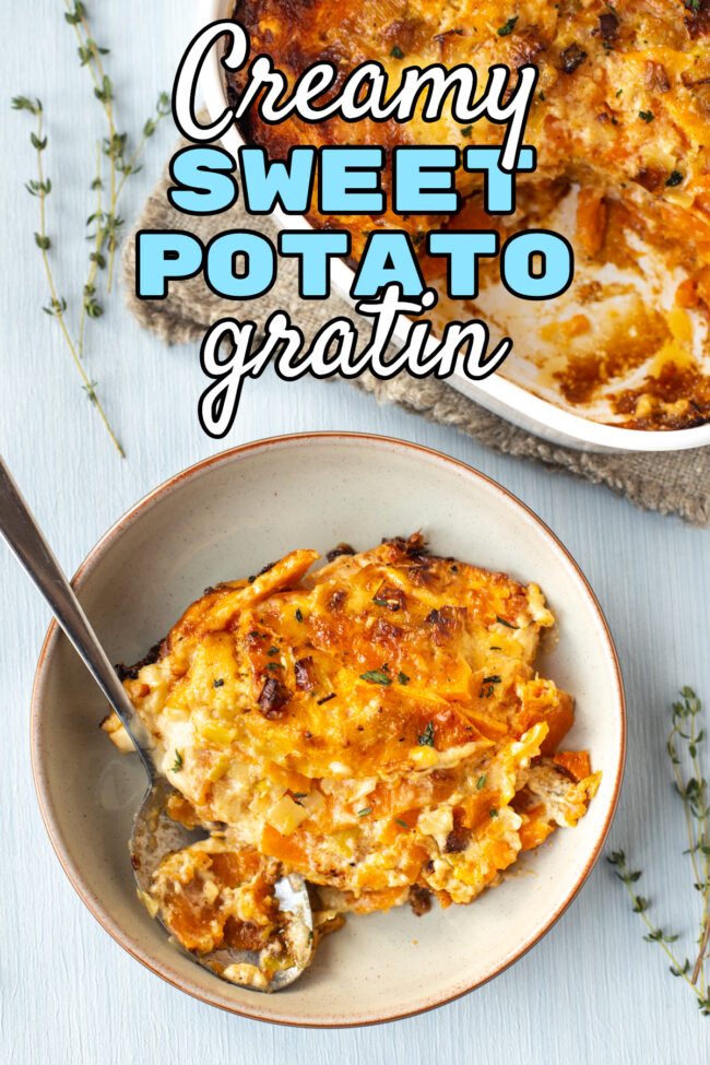 A portion of creamy sweet potato gratin in a bowl with a cheesy topping.