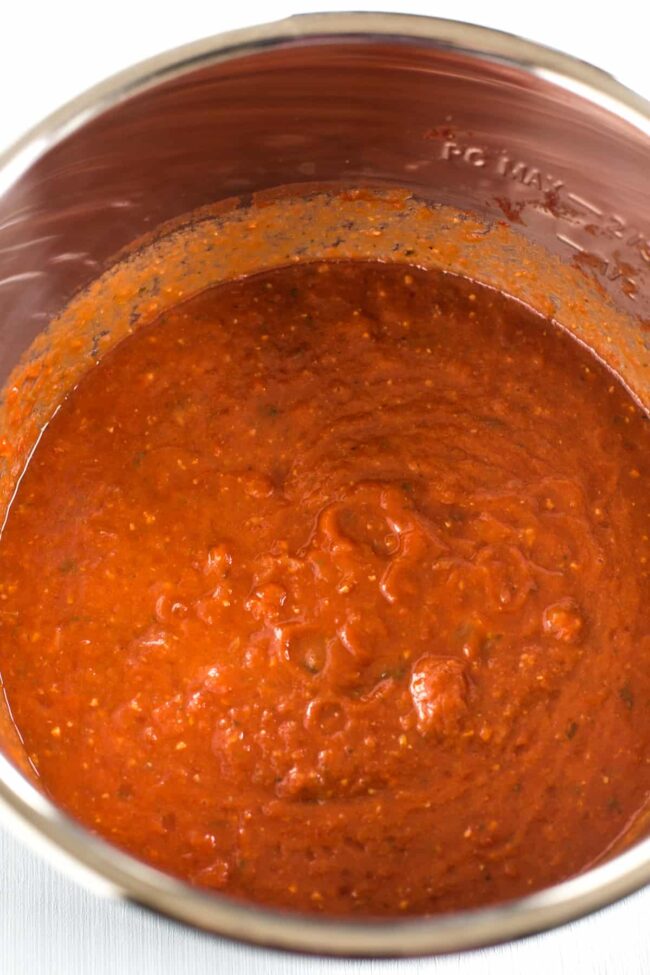 Blended slow cooker tomato sauce in the pot