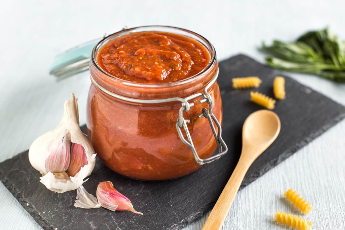 Slow cooker tomato sauce in a jar.