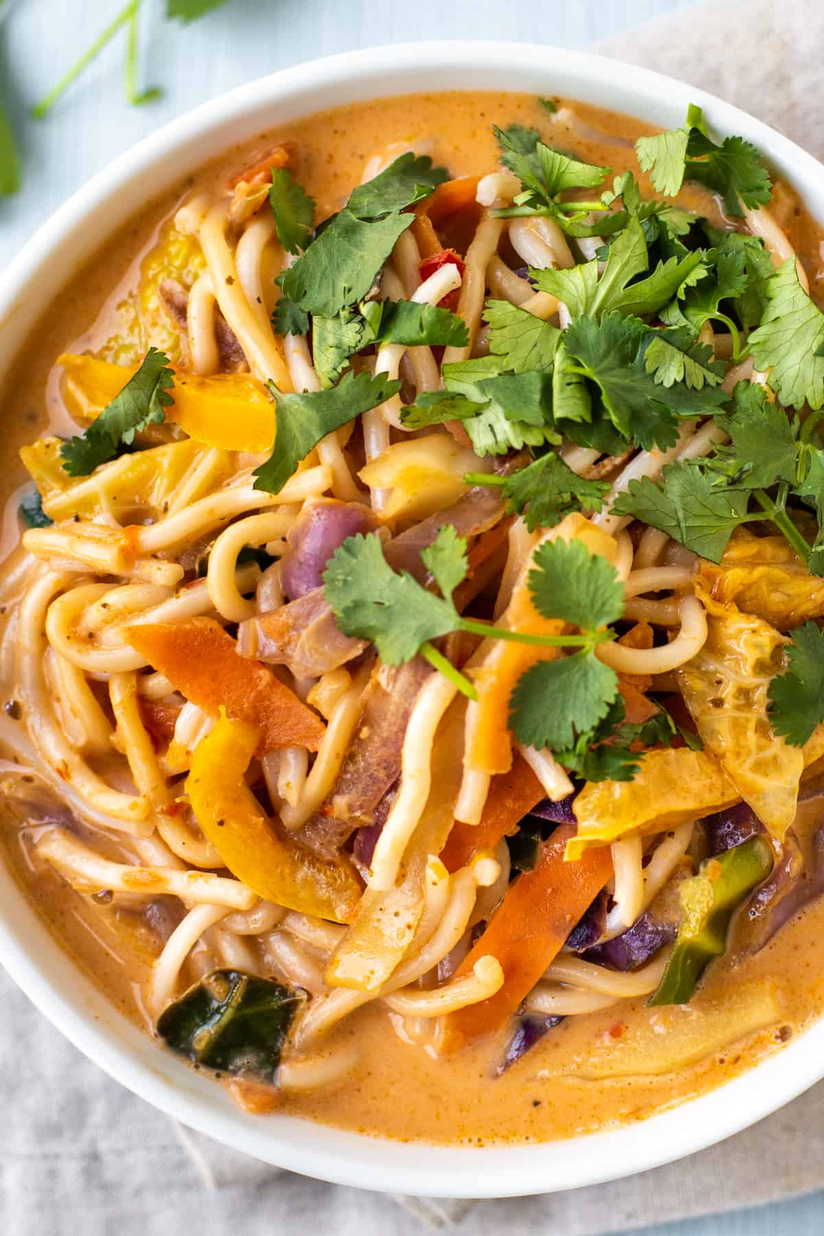 Close-up aerial shot of a bowl of Thai curry noodle soup topped with cilantro.
