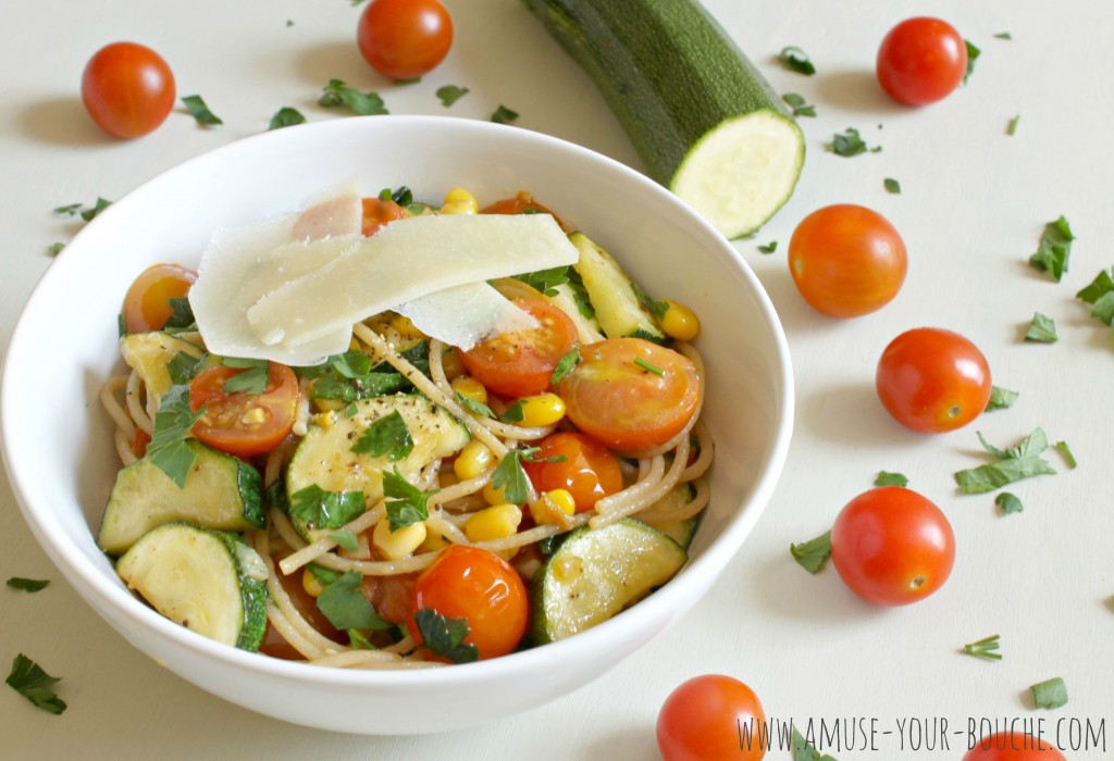 Summer vegetable pasta in garlic butter sauce