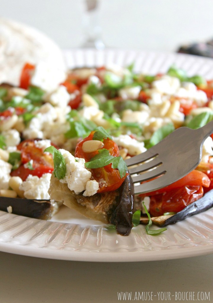 Roasted tomato and aubergine salad with feta and pine nuts [Amuse Your Bouche]
