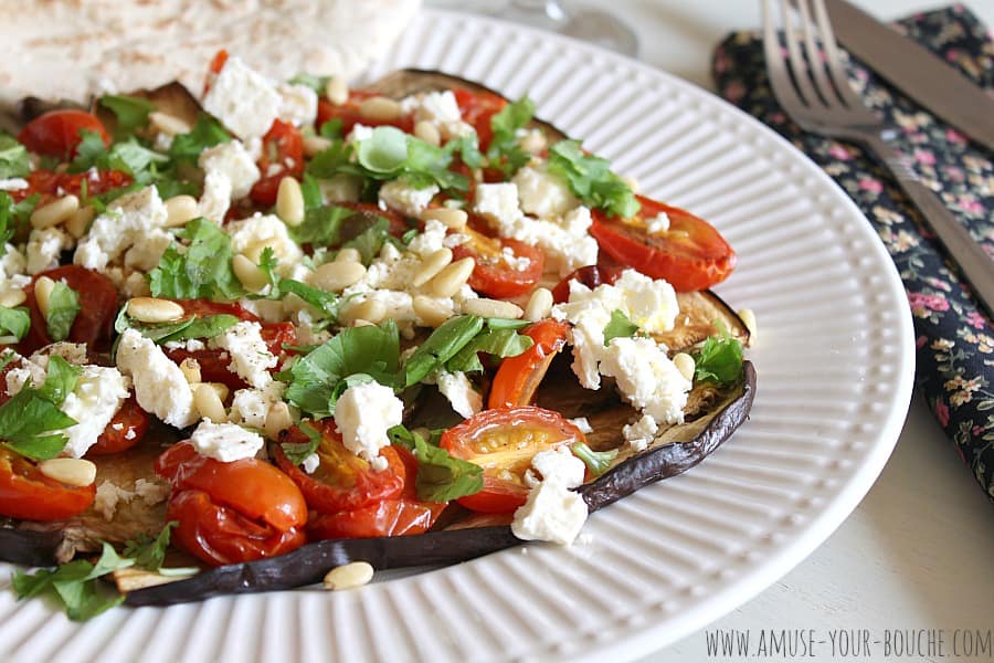 Roasted tomato and aubergine salad with feta and pine nuts [Amuse Your Bouche]