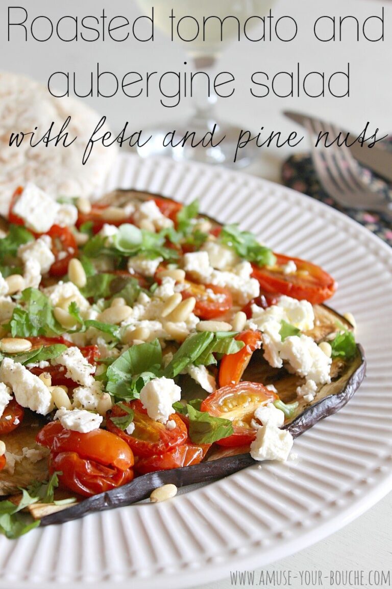 Roasted tomato and aubergine salad with feta and pine nuts