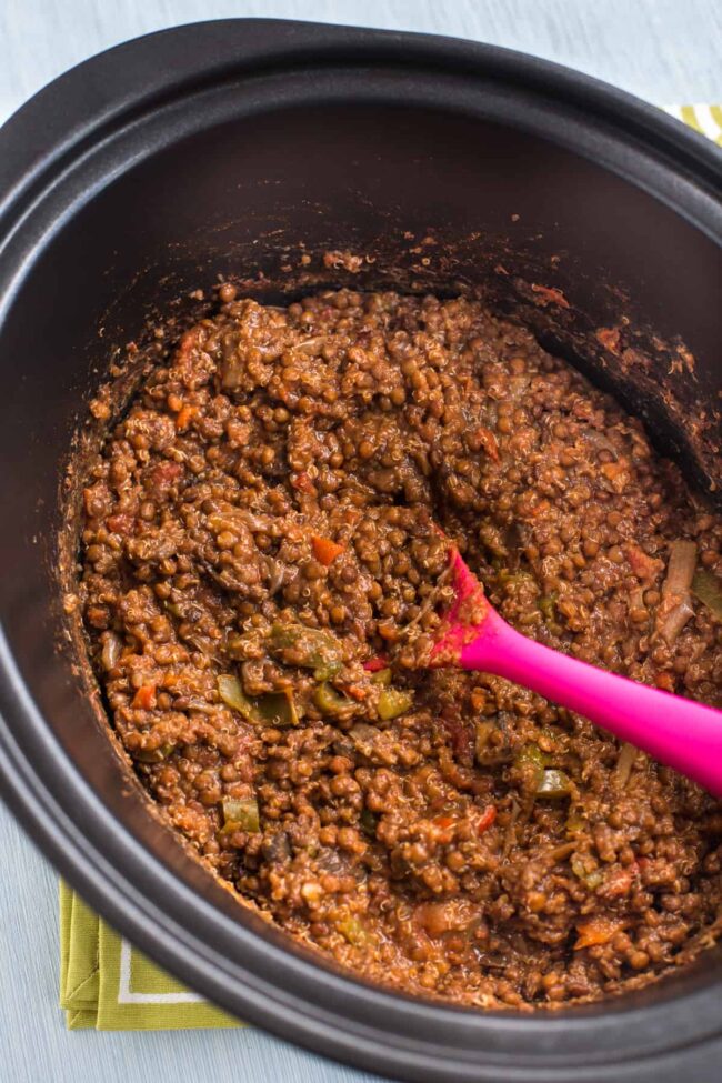 Lentil and quinoa taco filling in a slow cooker pot.