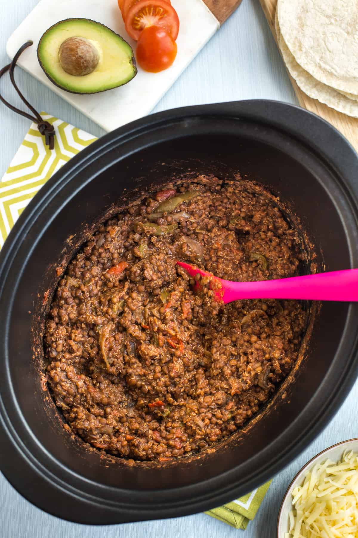 Lentil and quinoa taco filling in a slow cooker pot.