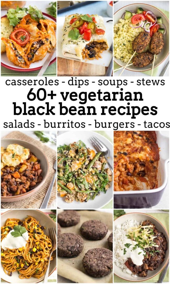 Collage showing various vegetarian black bean recipes.