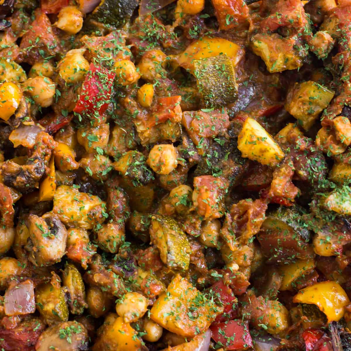 Extreme close-up of roasted vegetable ratatouille with chickpeas