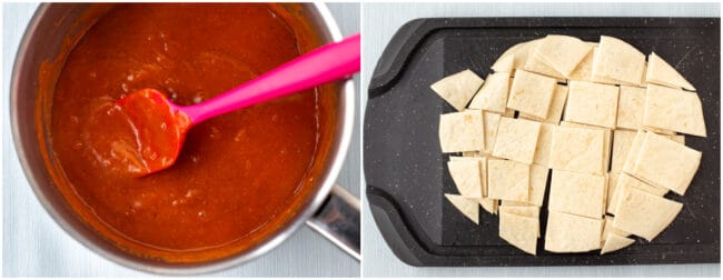 A collage showing homemade enchilada sauce and a tortilla cut into pieces.
