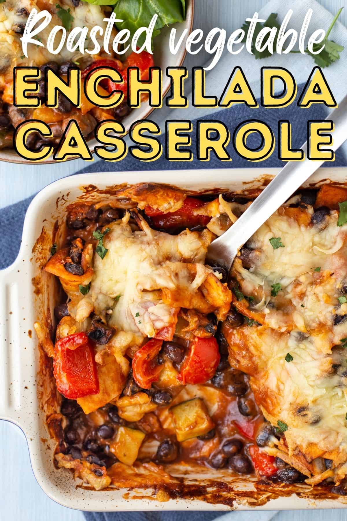A baking dish of enchilada casserole, with a large scoop removed.