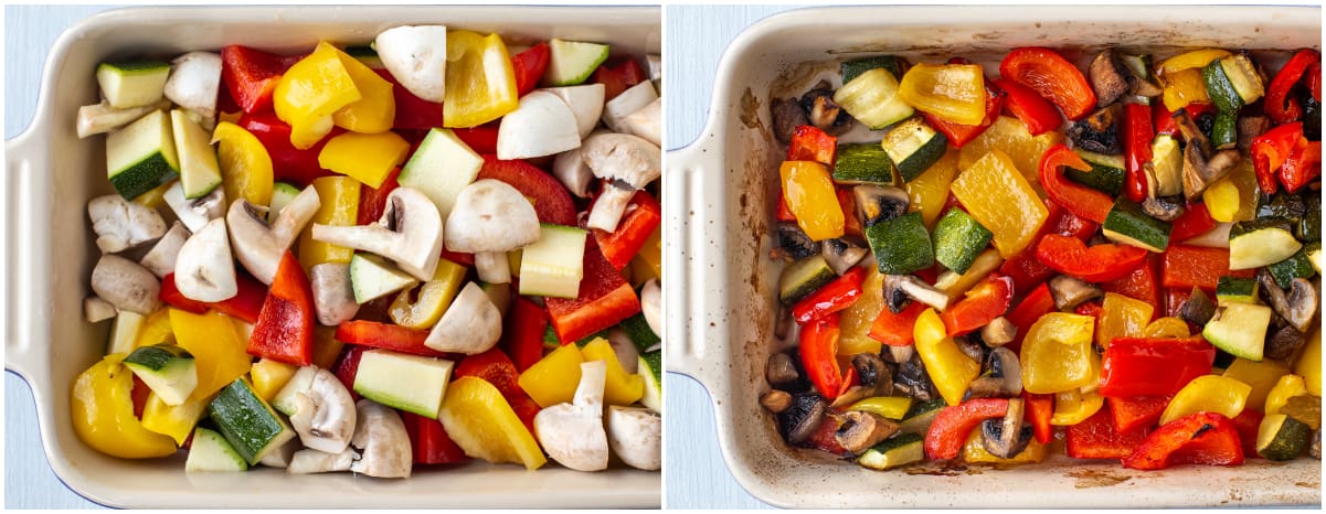 A collage showing peppers, mushrooms and courgette before and after roasting.