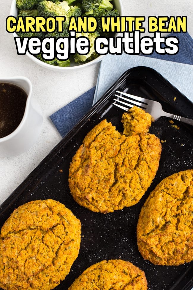 Veggie cutlets on a baking tray with a fork
