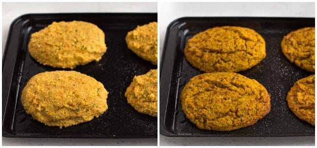 Collage showing veggie cutlets before and after baking