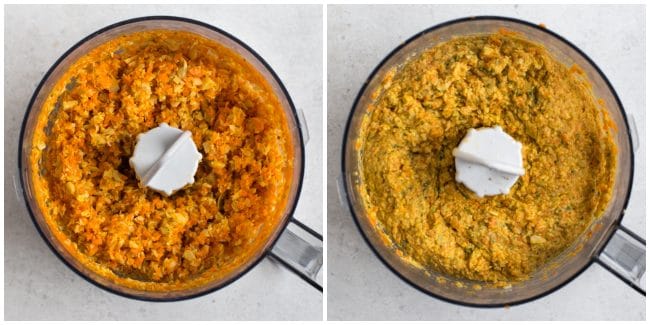 Collage showing veggie cutlet mixture being blitzed in a food processor
