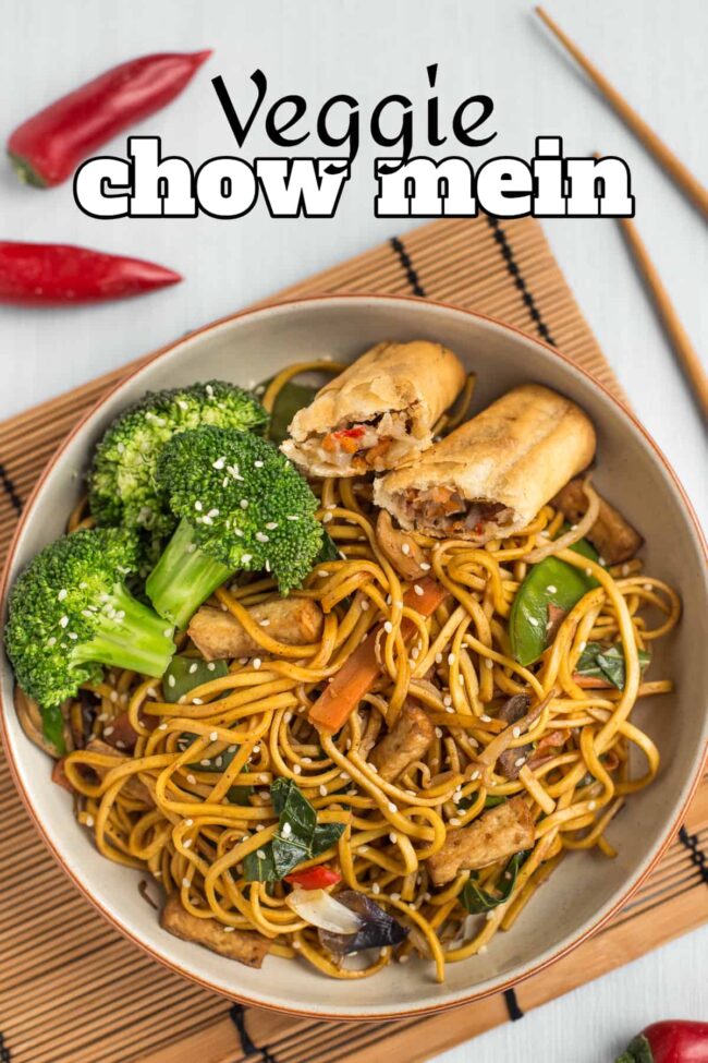 Portion of veggie chow mein in a bowl with broccoli and a spring roll.