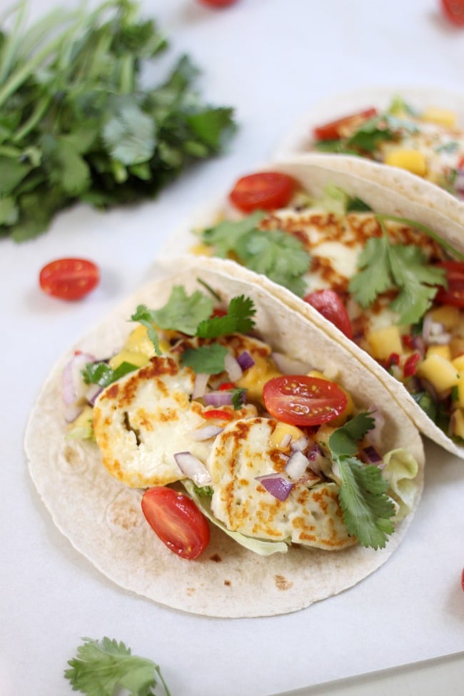 Grilled halloumi tacos with mango salsa. These are so light and fresh!