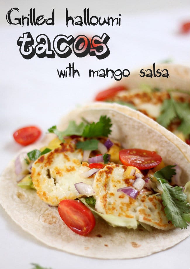 Grilled halloumi tacos with mango salsa. These are so light and fresh tasting!