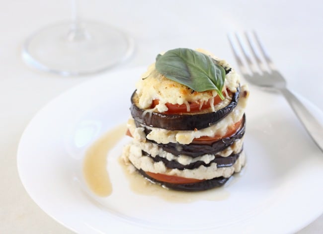 Cheesy aubergine stacks - an easy but elegant appetiser!