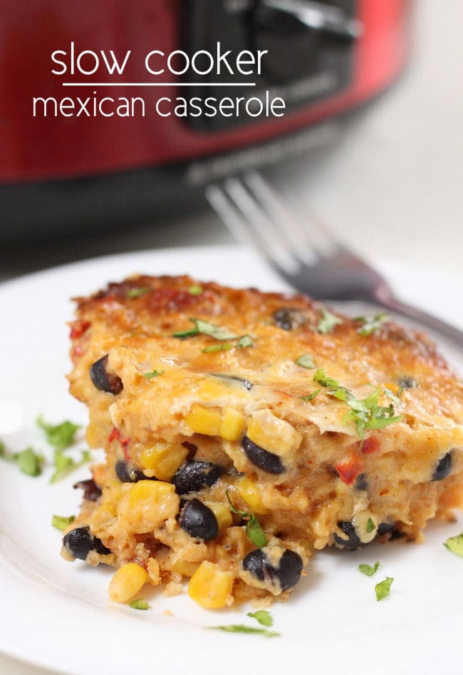 Slow cooker Mexican casserole. Huge flavours and a crispy cheesy crust - and no pre-cooking required!