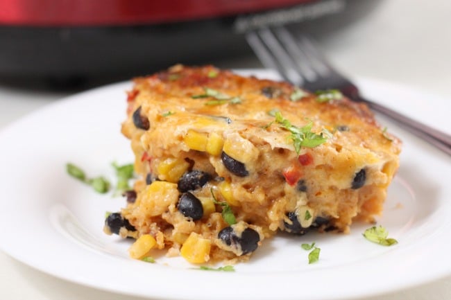 Slow cooker Mexican casserole. Huge flavours and a crispy cheesy crust - and no pre-cooking required!