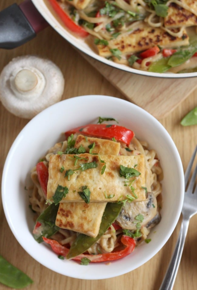 Peanut butter coconut tofu with noodles - an easy vegan dinner that's packed with peanut butter and coconut milk - so much flavour!