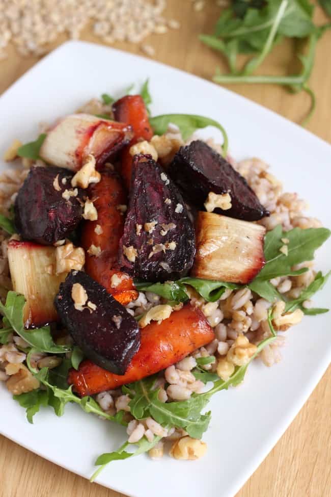 Pearl barley and roasted beetroot salad with maple balsamic dressing - these veg are gorgeously sticky!