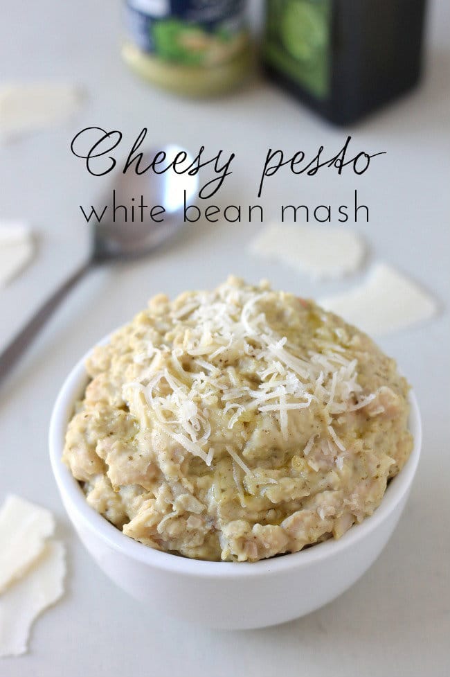 Cheesy pesto white bean mash - a protein-rich alternative to mashed potato that tastes incredible!