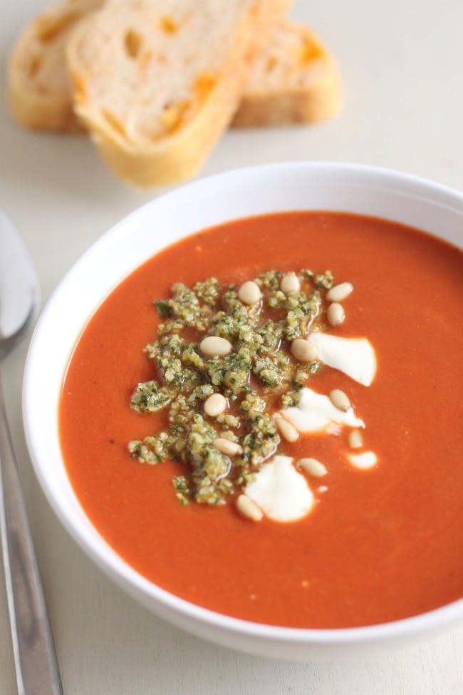 15 minute tomato soup with basil pine nut crumb