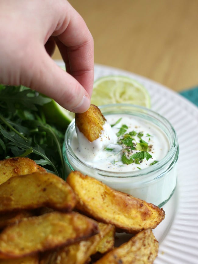 Indian spiced potato wedges with coriander lime yogurt - made in the Tefal Actifry, but easy to make in a normal oven too!