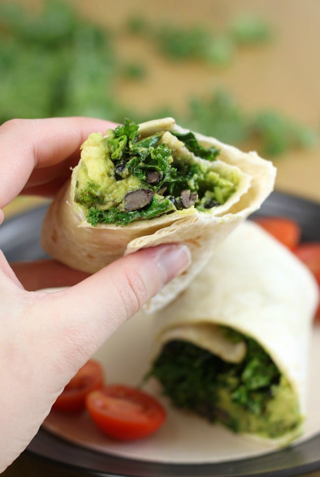 Kale and avocado burritos with black beans - a super quick vegan lunch or dinner!