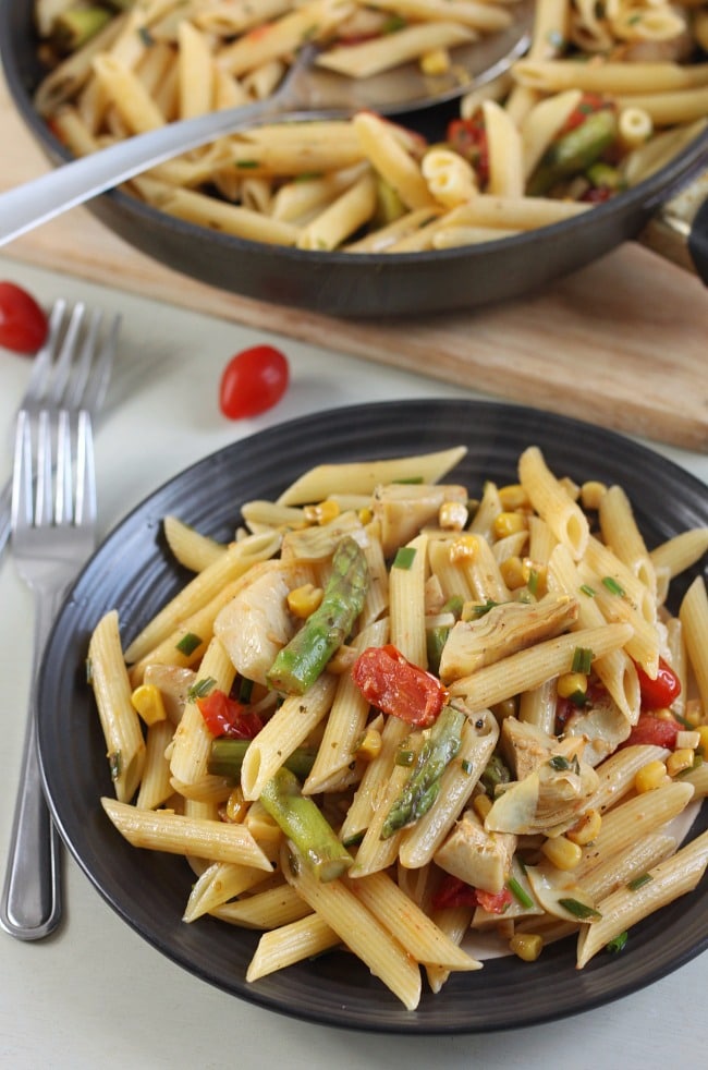 Veggie pasta with artichokes and asparagus