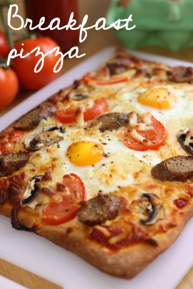 Breakfast pizza. Veggie sausages, mushrooms, pizza and eggs - perfectly reasonable for breakfast!!