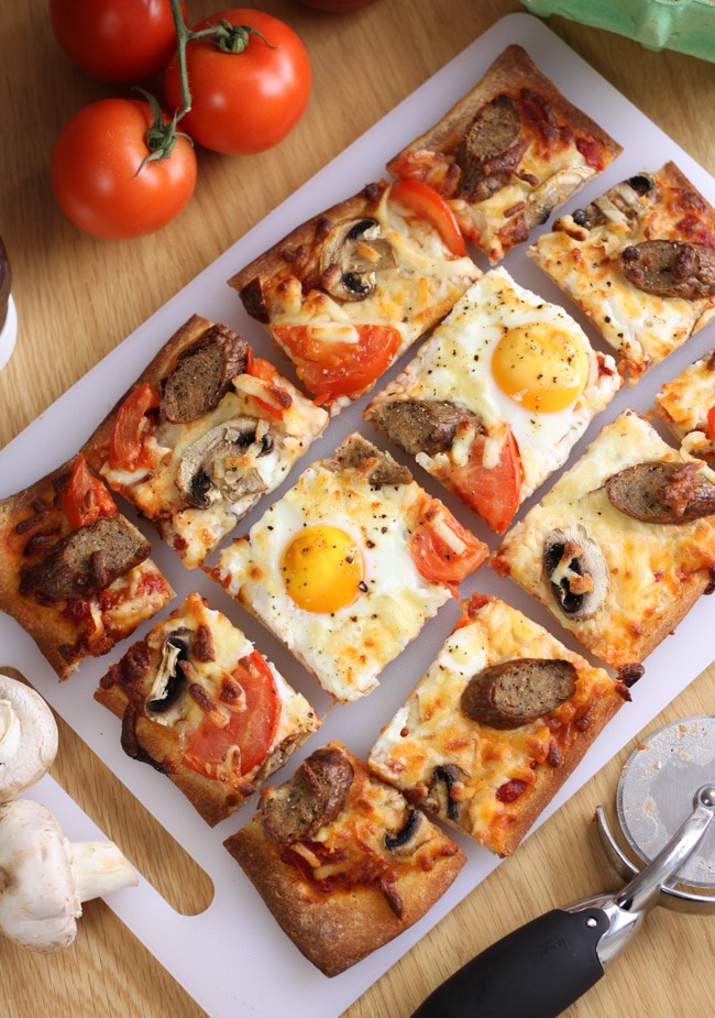 Breakfast pizza. Veggie sausages, mushrooms, pizza and eggs - perfectly reasonable for breakfast!!