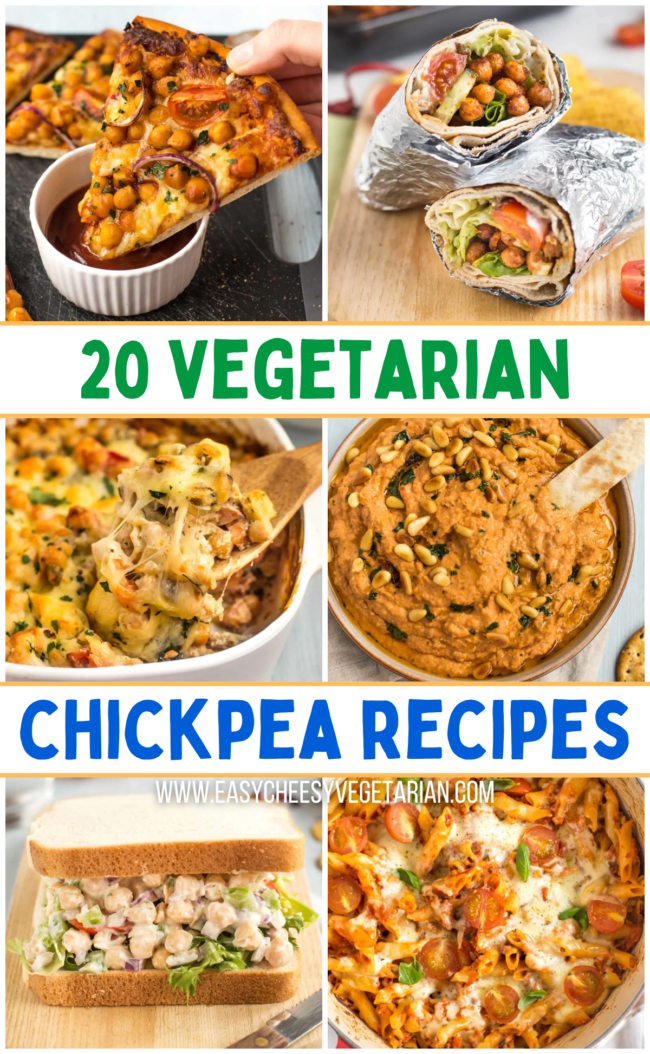 A collage showing various vegetarian chickpea recipes.
